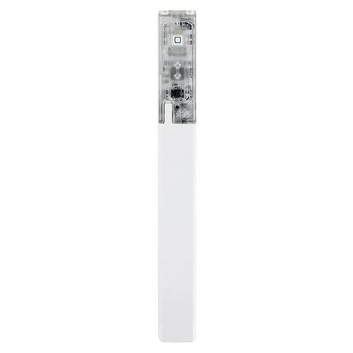 Homematic IP Fenster- & Türsensor HmIP-SWDO-I - Weiß, 19 x 166,5 x 12,5 mm, Batteriebetrieben - Nahaufnahme einer weißen Jalousie mit transparentem Oberteil, die das interne Design zeigt. Die Jalousie ist schlicht und modern.