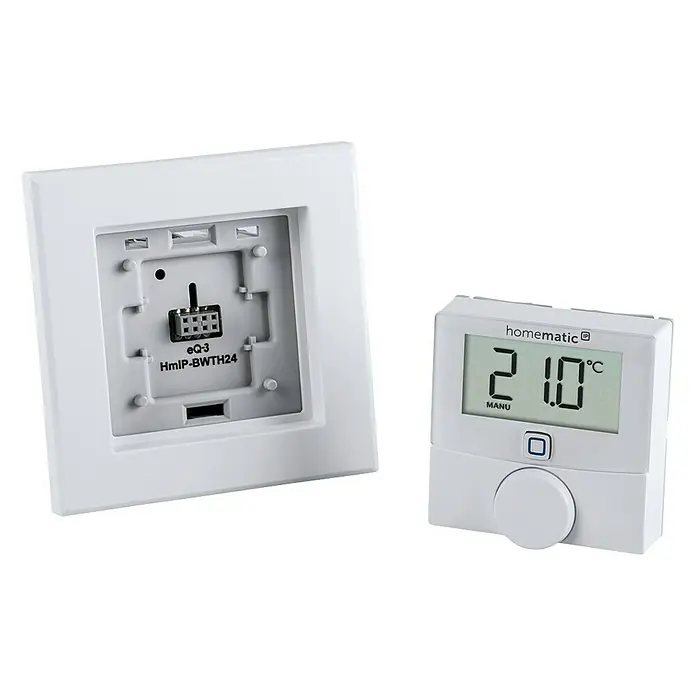 Homematic IP Funk-Raumthermostat HmIP-BWTH24 - Netzbetrieben, 24 V, 54 x 86 x 86 mm - Abbildung eines Homematic IP Wandthermostats mit demontierter Wandhalterung, ideal für die individuelle Temperaturregelung im Smart Home.