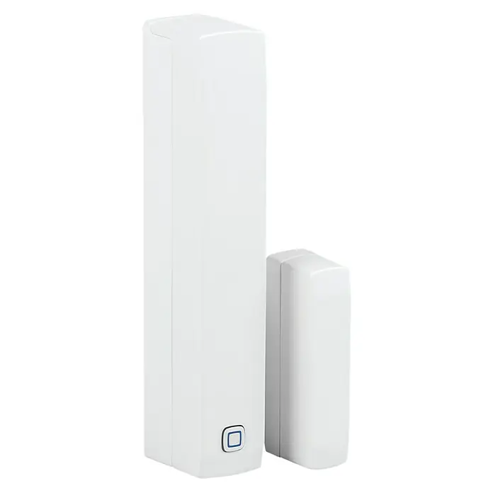 Homematic IP Starter-Set Heizen Easy Connect - 1 x Heizkörperthermostat, 1 x Fenster- und Türkontakt, 1 x Adapter Danfoss RA, 1 x Stützring, 1 x Montagematerial, 4 x Batterien, 1 x Bedienungsanleitung - Ein weißer Tür- und Fenstersensor, bestehend aus zwei Teilen, die nebeneinander aufgereiht sind, für zusätzlichen Schutz und Sicherheit.