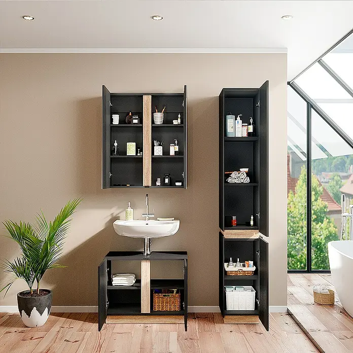 Vicco Badmöbel-Set Gloria Anthrazit 3 Teile, mit Hochschrank - Gesamtbreite Badmöbel: 103,4 cm, Anthrazit, Matt