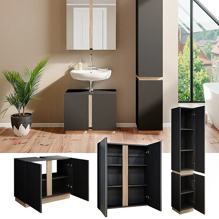 Vicco Badmöbel-Set Gloria Anthrazit 3 Teile, mit Hochschrank - Gesamtbreite Badmöbel: 103,4 cm, Anthrazit, Matt