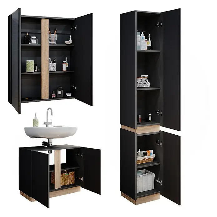 Vicco Badmöbel-Set Gloria Anthrazit 3 Teile, mit Hochschrank - Gesamtbreite Badmöbel: 103,4 cm, Anthrazit, Matt