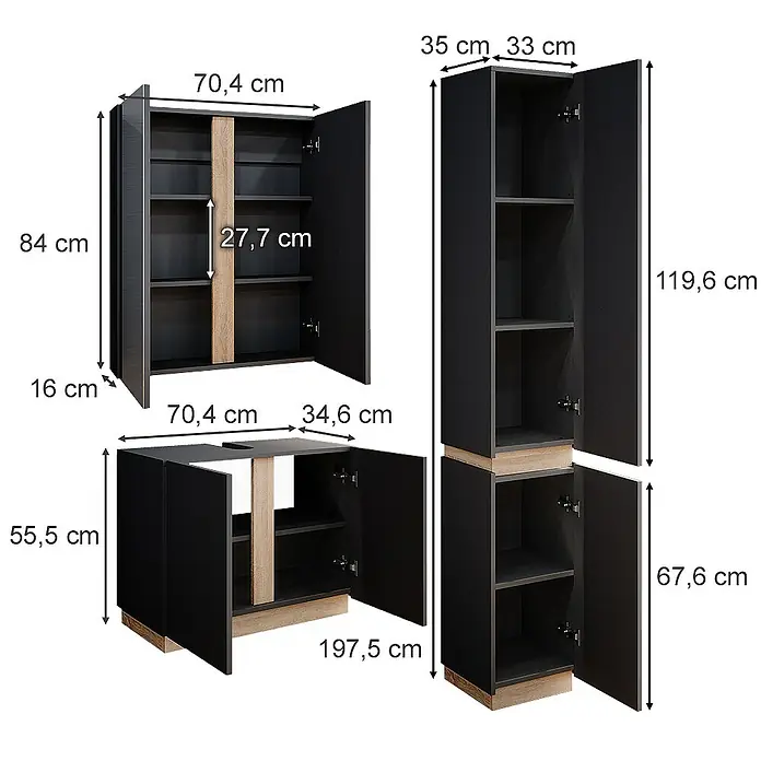 Vicco Badmöbel-Set Gloria Anthrazit 3 Teile, mit Hochschrank - Gesamtbreite Badmöbel: 103,4 cm, Anthrazit, Matt