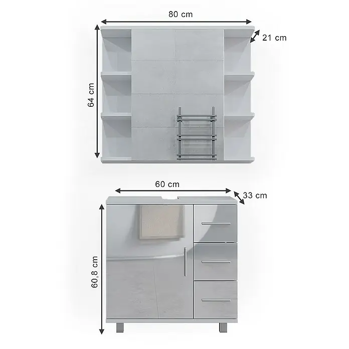 Vicco Badmöbel-Set Ilias Weiß Hochglanz 2 Teile - Gesamtbreite Badmöbel: 60 cm, Weiß Hochglanz, Glänzend