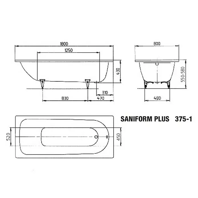 Kaldewei Badewanne Saniform Plus 375-1 - 180 x 80 cm, Stahl-Email, Alpinweiß - Technische Zeichnung der Saniform Plus 375-1 Badewanne mit Maßen für Länge, Breite und Höhe.