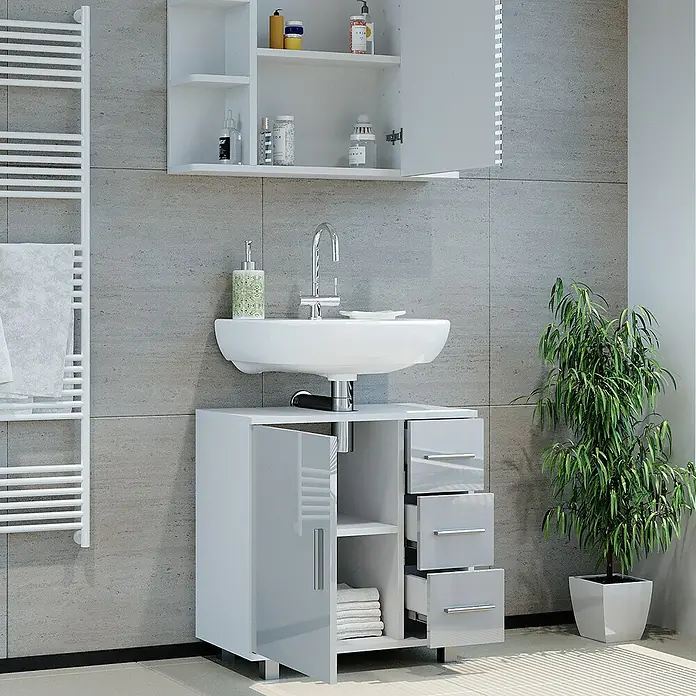 Vicco Badmöbel-Set Ilias Weiß Hochglanz 2 Teile - Gesamtbreite Badmöbel: 60 cm, Weiß Hochglanz, Glänzend