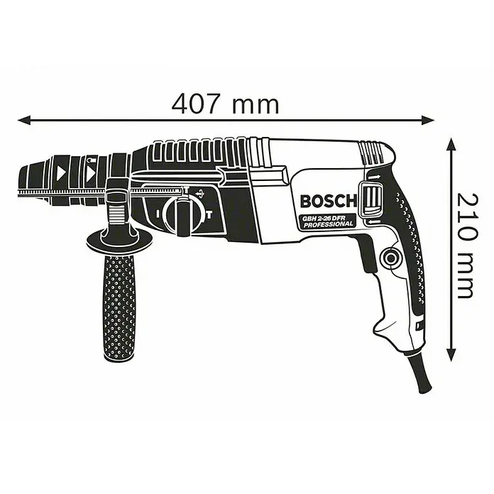Bosch Professional Bohrhammer-Set GBH 2-26 F - 2,7 J - Bild eines Bosch GBH 2-26 DFR Professional Bohrhammers mit Maßangaben zur Länge und Höhe.
