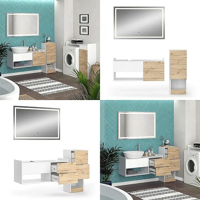 Vicco Badmöbel-Set Alf Weiß 3 Teile, mit Midischrank - Gesamtbreite Badmöbel: 140 cm, Weiß, Matt