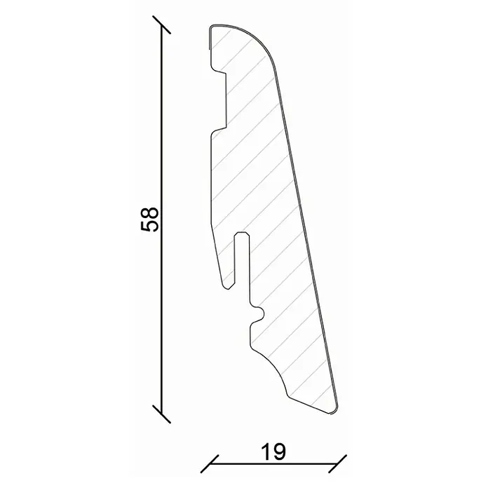 Sockelleiste FU60L Uni Weiß - 240 cm x 19 mm x 58 mm, MDF - Abbildung eines Profils mit Maßangaben, das Design und Spezifikationen des Produkts hervorhebt. Das Profil hat eine Höhe von 58 mm und eine Breite von 19 mm.
