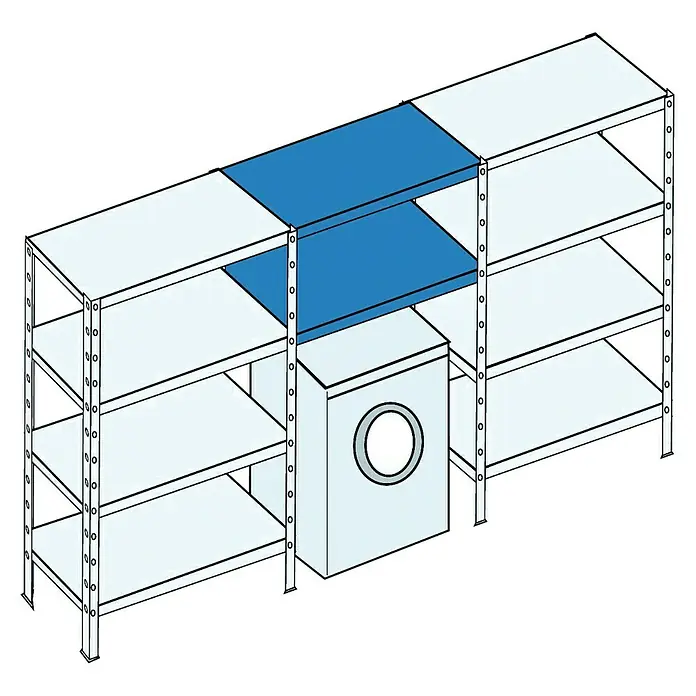 Regalux Winkelprofil - L x B x H: 4 x 4 x 250 cm, Verzinkt - Eine perspektivische Ansicht eines Regalsystems, das eine Waschmaschine integriert. Die blauen Regalböden heben sich hervor.