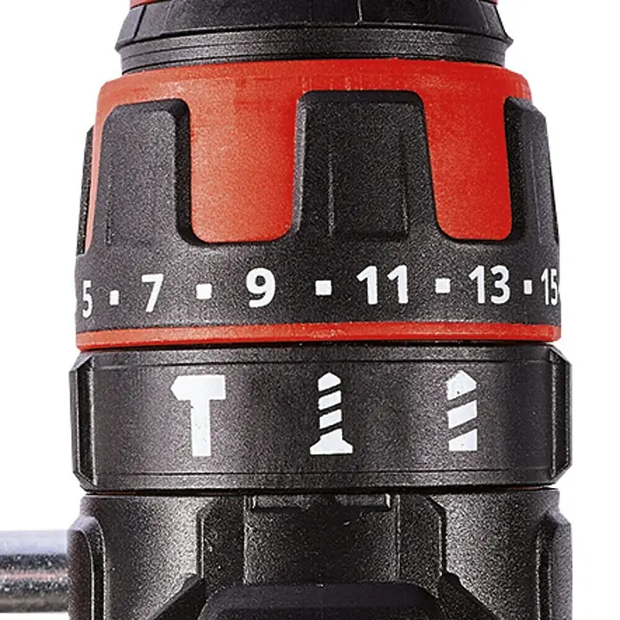 Einhell PXC 18V Taladro atornillador de batería TC-CD 18/35 Li-Solo - 18 V, Sin batería, 35 Nm - Primer plano de un destornillador con ajustes de torque de 5 a 15 y selección de modo de taladro.
