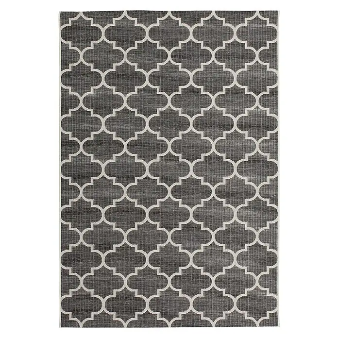 Outdoor-Teppich Sunset - Grau, 170 x 120 cm, 100 % Polypropylen - Grauer Teppich mit weißem marokkanischem Muster. Der Teppich ist rechteckig und hat einen weißen Rand. Er ist ideal für den Innen- und Außenbereich.