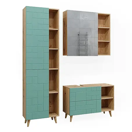 Vicco  Badmöbel-Set Rudi Mintgrün 3 Teile, mit Hochschrank