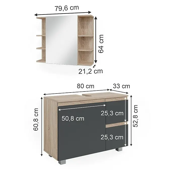 Vicco Badmöbel-Set J-Shape Sonoma 2 Teile - Gesamtbreite Badmöbel: 80 cm, Sonoma, Matt