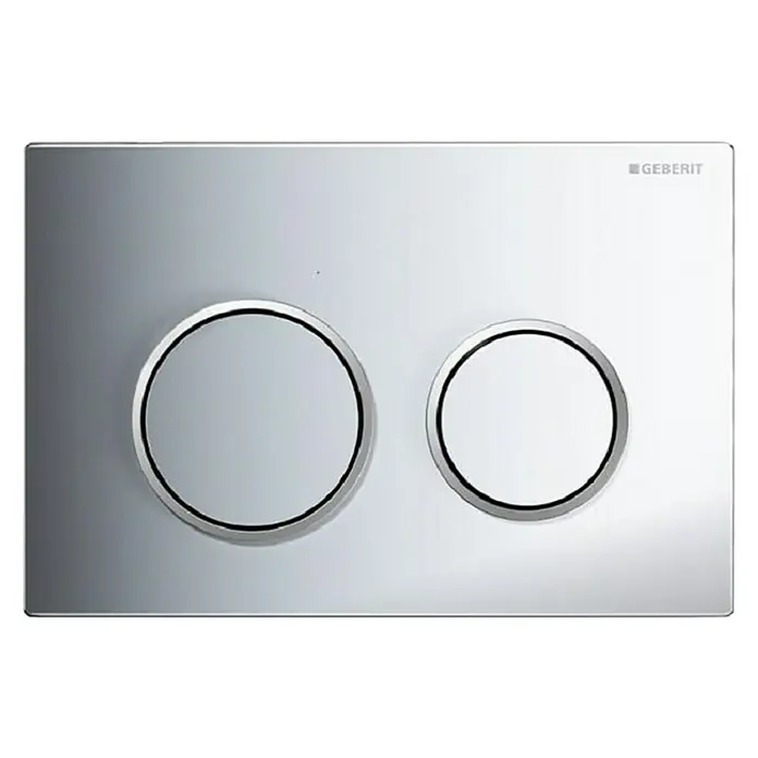 Geberit Betätigungsplatte Omega 20 - 115.085.KH.1 - Chrom, 2-Mengen-Spülung - Nahaufnahme einer glänzenden Geberit Betätigungsplatte mit zwei runden Tasten für eine moderne Toilettenspülung.