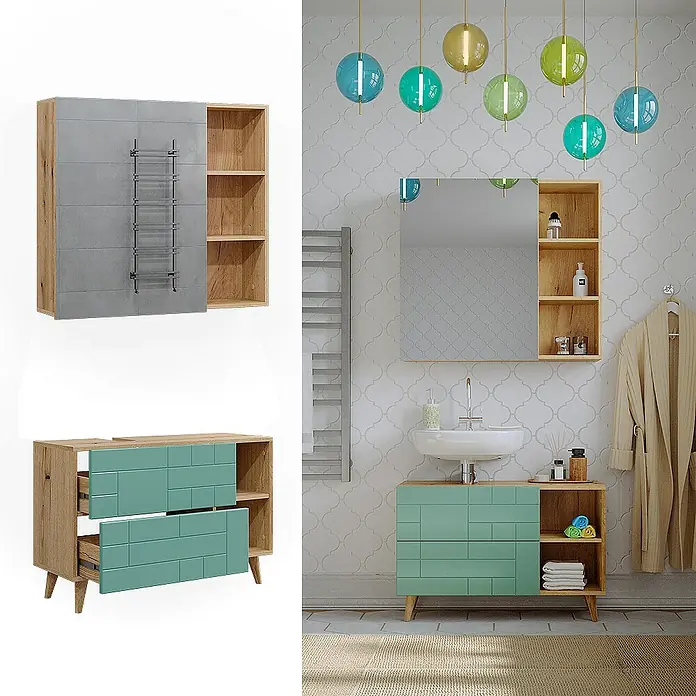 Vicco Badmöbel-Set Rudi Mintgrün 2 Teile - Gesamtbreite Badmöbel: 90 cm, Mintgrün, Matt