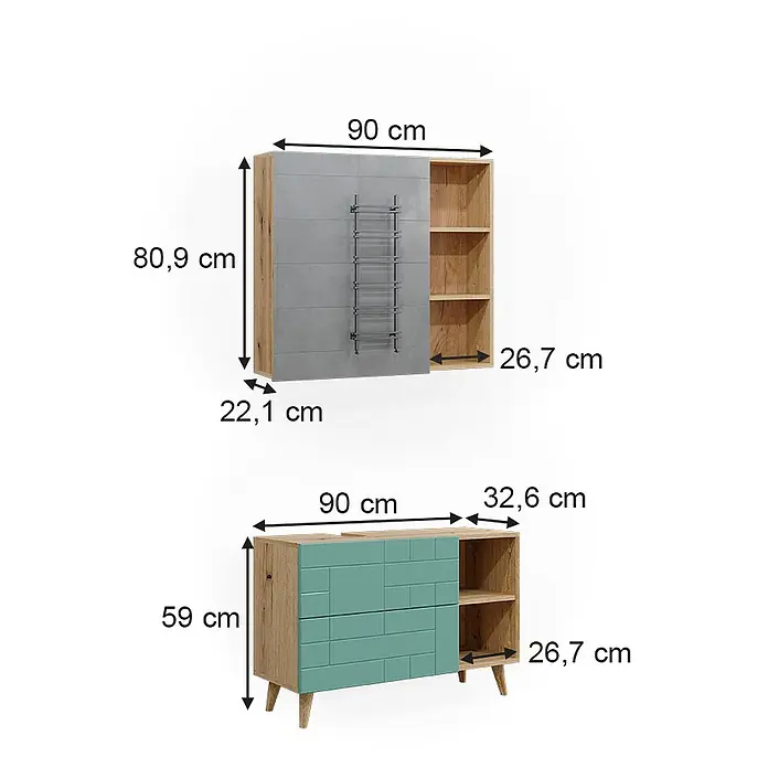 Vicco Badmöbel-Set Rudi Mintgrün 2 Teile - Gesamtbreite Badmöbel: 90 cm, Mintgrün, Matt