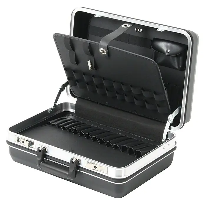 Hepco & Becker Werkzeugkoffer Budget 5043 - L x B: 360 x 490 mm, Höhe: 200 mm, Material: ABS - Offener schwarzer Werkzeugkoffer mit silberfarbenen Beschlägen und mehreren Fächern zur Aufbewahrung von Werkzeugen.