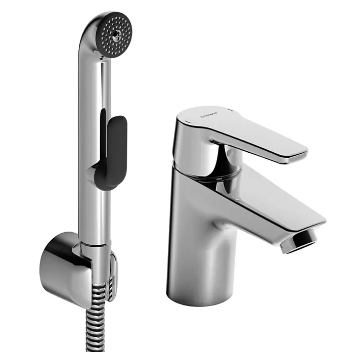 Hansa Polo WaschtischarmaturChrom, Glänzend, Mit Handbrause - Dieses Bild zeigt ein modernes Bidet-Set mit einem verchromten Wasserhahn und einer Handbrause für das Badezimmer.