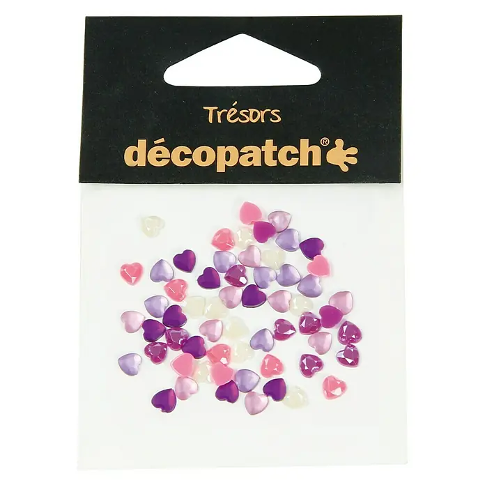 Décopatch Elemento decorativo Trésors Corazones - Rosa/Lila, Plástico, 60 pzs. - Primer plano de un paquete de adornos de corazón DécoPatch en colores variados, perfecto para manualidades y decoración.