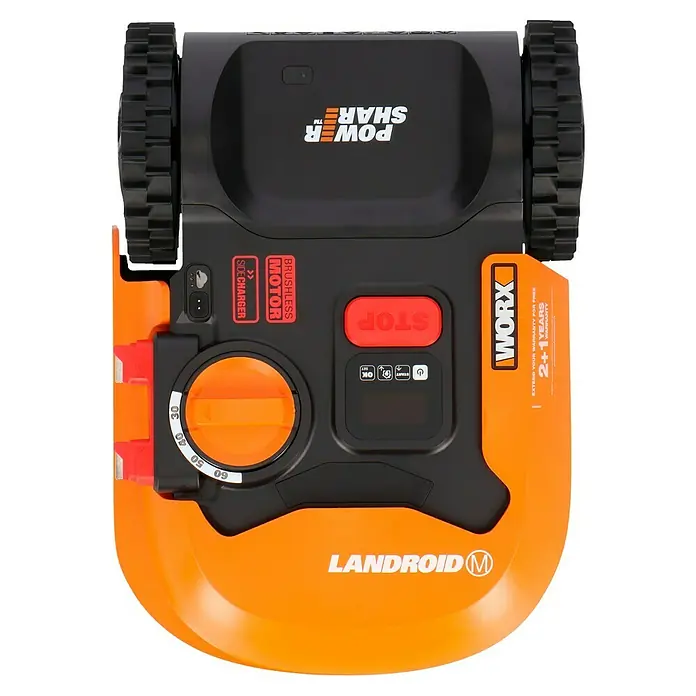 Worx PowerShare 20V Robot cortacésped Landroid M500 - 500 m², Ancho de corte: 18 cm, Navegación por inducción, Cable de antena - Primer plano de un robot cortacésped LANDROID M de WORX, con Power Share, motor sin escobillas y carga lateral.