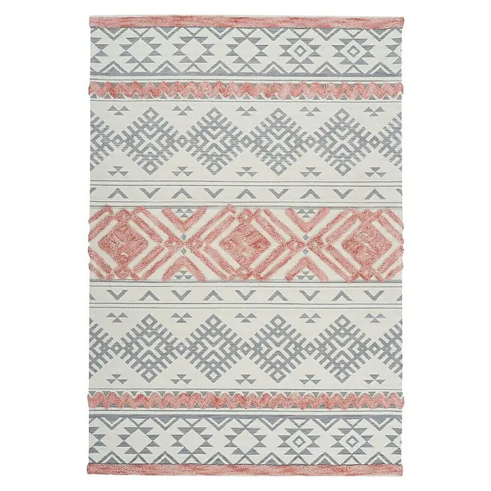 Kayoom Flachgewebeteppich Ethnie - Grau/Rot, 230 x 160 cm, 100 % Baumwolle - Dekorativer Teppich mit geometrischen Mustern in Grau- und Rosatönen, ideal für eine stilvolle Wohnraumgestaltung.