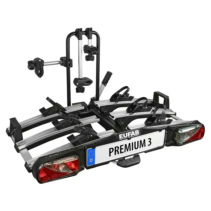 Eufab Fahrradträger Premium III - Geeignet für: 3 Fahrräder, Traglast: 60 kg - Abbildung eines Eufab Premium 3 Fahrradträgers für den Transport von bis zu drei Fahrrädern auf der Anhängerkupplung.