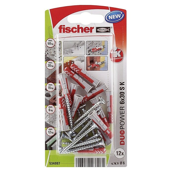 Fischer Duopower Set vijakov z vtiči  (Premer zidnega vložka: 6 mm, Dolžina zidnega vložka: 30 mm, 12 kos) | 1060 - Dübel | AADD - Dübel | AAD - Kleineisenwaren | AA - Eisenwaren | A - Eisenwaren | BAUHAUS