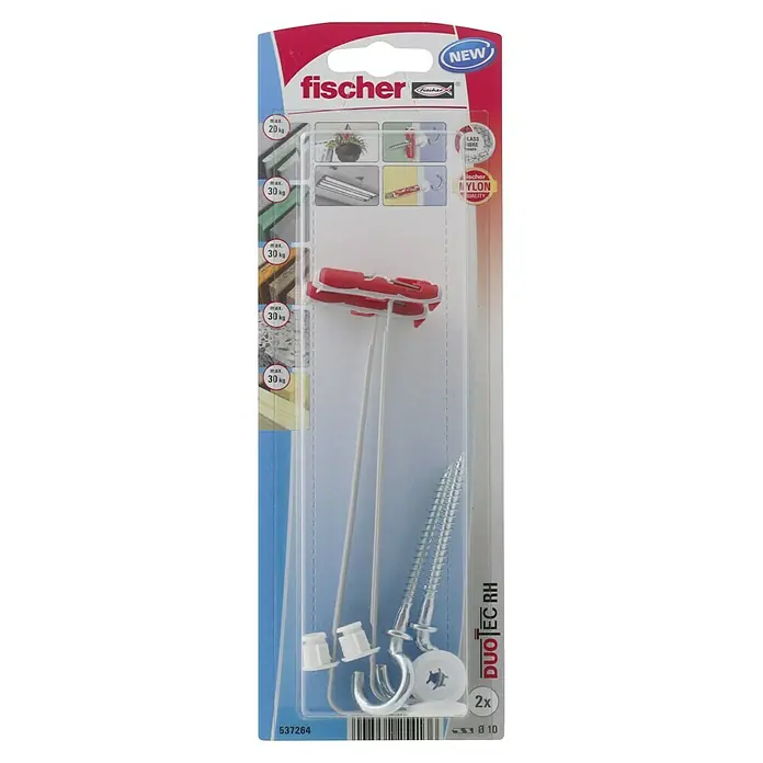 Fischer Duotec Kippdübel - Durchmesser Dübel: 10 mm, Länge Dübel: 50 mm, Gipskartonplatten, Mit Schrauben/Haken, 2 Stk. - Eine Packung Fischer DUOTEC RH Dübel mit Haken, ideal zum Aufhängen von Gegenständen an Wänden, mit einer Tragkraft von bis zu 30 kg.