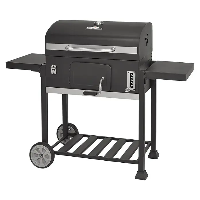 Kingstone KMS Holzkohlegrill Black Angus XXL - Grillfläche (B x T): 70 x 43,5 cm, Schwarz - Ein Kingsford Holzkohlegrill mit Ablagetischen und einer praktischen Ablagefläche für Holzkohle oder Grillutensilien.
