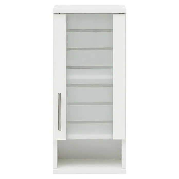 Schildmeyer Niko Oberschrank - 30 x 20,5 x 70,5 cm, Perlweiß - Aufnahme eines weißen Badschranks mit Regalen und einer Tür mit einem langen, silbernen Griff, der eine elegante Aufbewahrungslösung bietet.