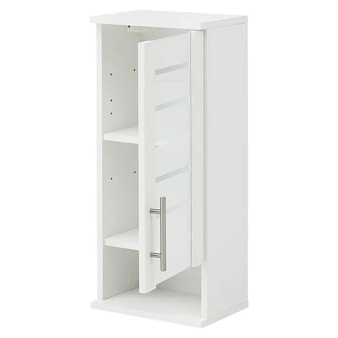 Schildmeyer Niko Oberschrank - 30 x 20,5 x 70,5 cm, Perlweiß - Ein weißer Hängeschrank mit einer offenen Tür, die einen Blick auf die Regale im Inneren ermöglicht. Der Schrank verfügt über einen silbernen Griff.