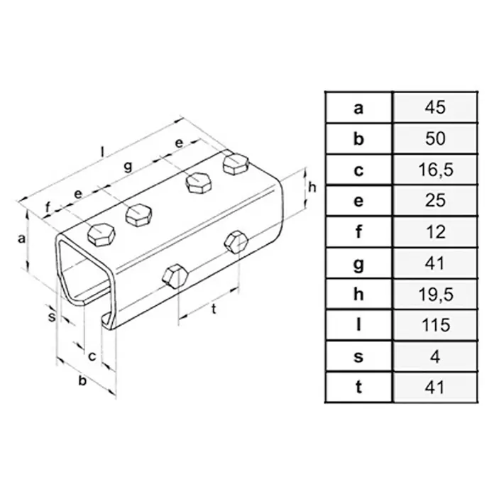 HBS Betz Verbindungsmuffe Typ 30 - Stahl, Länge: 115 mm - Eine schematische Darstellung eines Verbinder-Produkts mit zugehörigen Maßangaben in einer Tabelle.