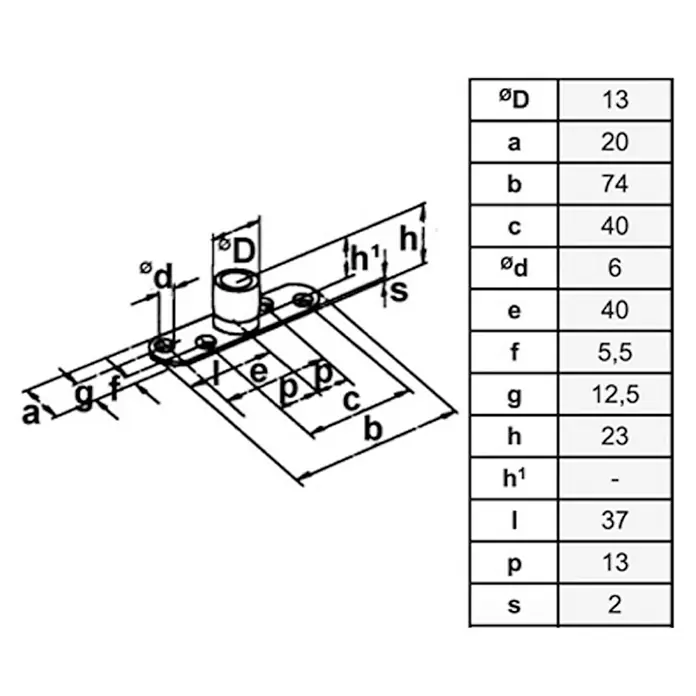 HBS Betz Führungsrolle Typ 10 - Stahl, 74 x 20 x 23 mm, Traglast: 400 kg - Technische Zeichnung eines Drehkipplagers mit Bemaßung und zugehöriger Tabelle mit Maßangaben.