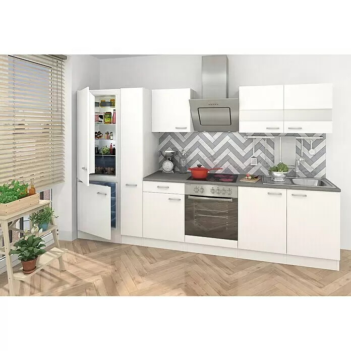 Respekta Composición de cocina Malia - Ancho: 300 cm, Blanco, Decoración encimera: Efecto cemento, Con electrodomésticos, Volumen horno: 72 l - Cocina modular blanca moderna con encimera gris, horno, vitrocerámica, fregadero y nevera integrada.
