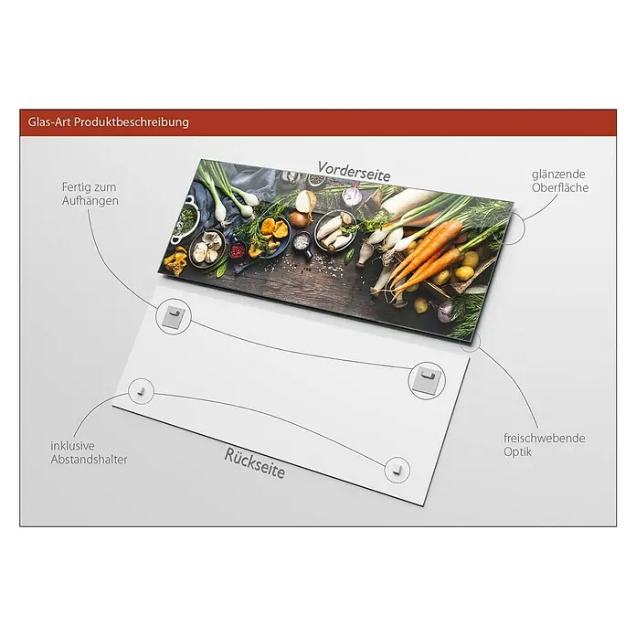 ProArt Glasbild - Kitchen Utensils, B x H: 80 x 30 cm - Produktbeschreibung eines Glasbildes, das die Vorder- und Rückseite des Produkts mit seinen Produkteigenschaften zeigt.
