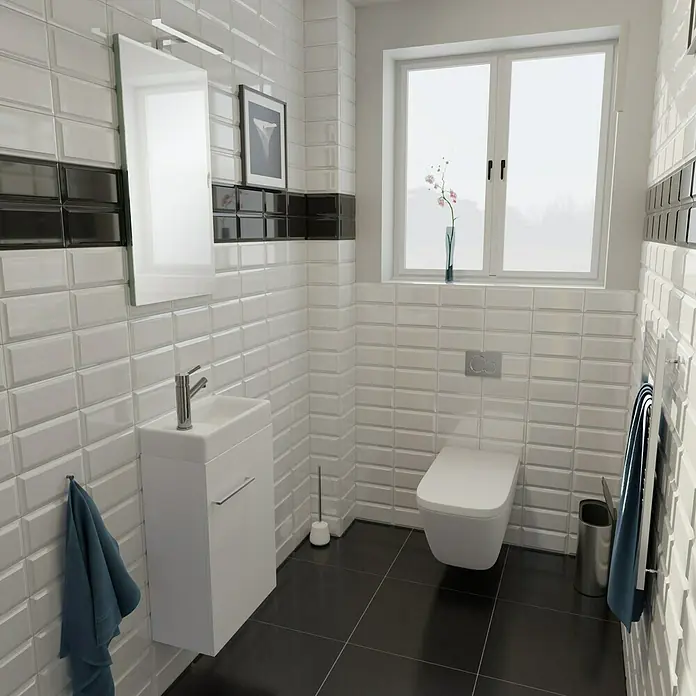 Camargue Espacio Waschtischunterschrank - 40 x 22 x 60 cm, Mira - Modernes Badezimmer mit weißen Metrofliesen, schwarzen Akzenten und einem weißen Hänge-WC für ein stilvolles Ambiente.