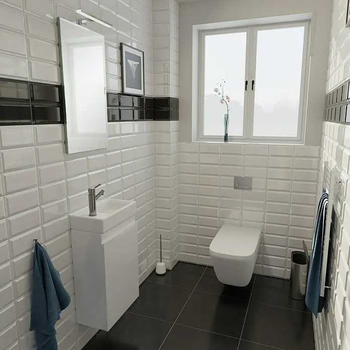 Camargue Espacio Waschtischunterschrank - 40 x 22 x 60 cm, Gama weiß glänzend - Modernes Badezimmer mit weißer Keramiktoilette und passendem Waschbecken. Dunkle Fliesen kontrastieren mit den weißen Wänden.