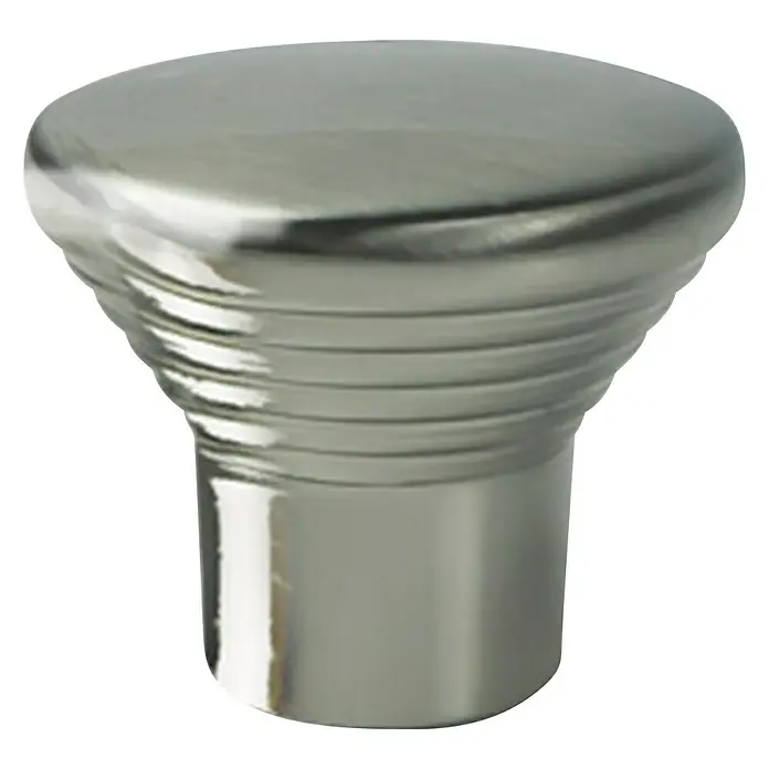 Nesu Pomo para muebles 2516 - Ø x Al: 23 x 20 mm, Acero, Níquel - Primer plano de un tirador de mueble pulido en tono plateado con un diseño acanalado, aislado sobre un fondo negro.