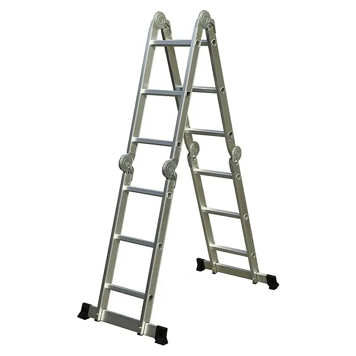 Escalera multiusos con plataforma - Número de peldaños: 12 ud., Altura de trabajo: 4,3 m, Carga soportada: 150 kg, Aluminio - Imagen de una escalera multifuncional de aluminio en forma de A, ideal para diversas tareas.