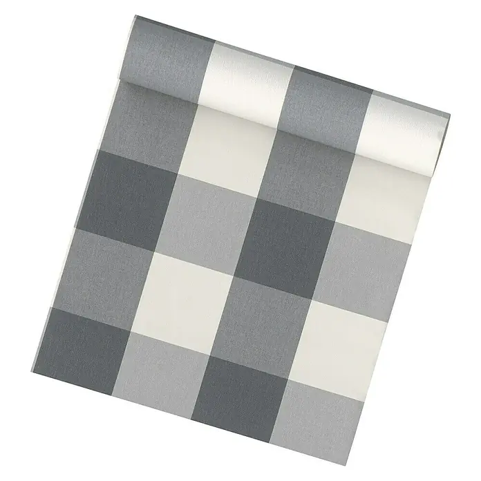 A.S. Création Vliestapete Elegance Karomuster - Grau/Weiß, Grafisch, 10,05 x 0,53 m - Nahaufnahme einer Rolle Grau-Weiß karierter Vinyltapete, die sich perfekt für stilvolle Akzentwände oder DIY-Projekte eignet.