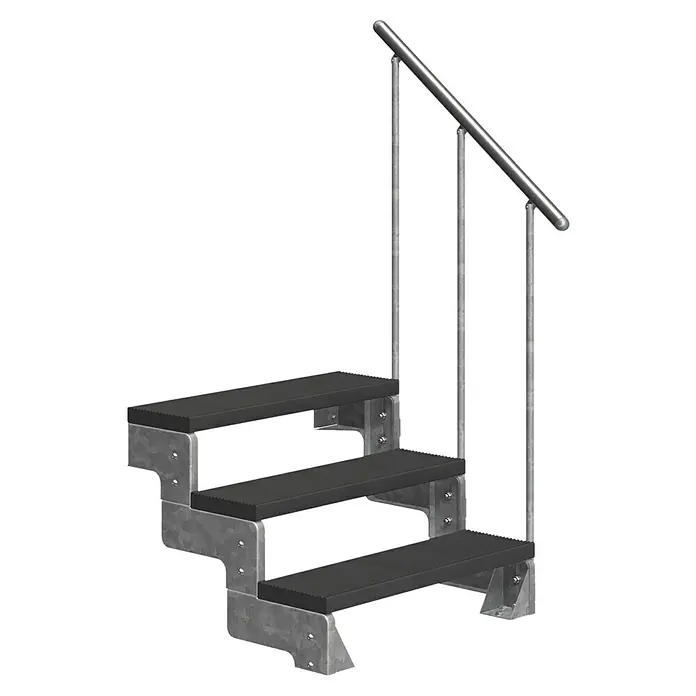 Dolle Außentreppe Gardentop - Trimaxstufen, Anthrazit, Feuerverzinkte Geländerstäbe, Breite: 80 cm, Anzahl Stufen: 3 Stk., Geschosshöhe: 54 cm - 66 cm - Eine dreistufige Treppe mit grauem Metallrahmen und schwarzer Trittfläche, ergänzt durch einen Handlauf für zusätzlichen Halt.