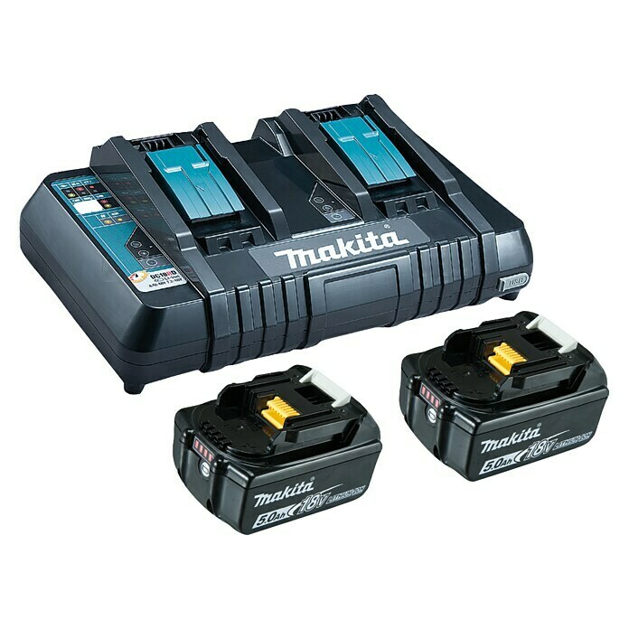 Makita Akku & Ladegerät Power Source Kit mit Doppelladegerät18 V, 5 Ah, 2 Akkus Front View