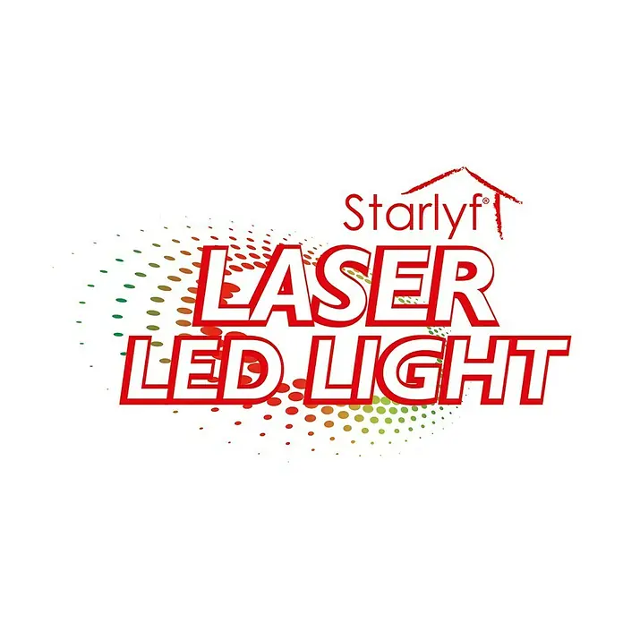 LED-Dekoleuchte - Schwarz, Lichtfarbe: Mehrfarbig, IP44 - Abbildung eines Starlyf Laser LED Light Produkts mit dekorativen roten Details, perfekt für festliche Beleuchtung und stimmungsvolle Dekoration.