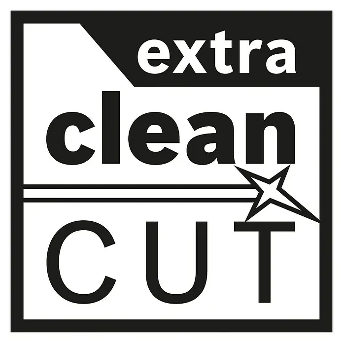 Bosch Professional X-Lock Diamant-Trennscheibe Best for Ceramic - 125 mm, Geeignet für: Keramik - Schwarzes Quadrat mit dem Text "extra clean CUT" und einem Sternsymbol, das die Sauberkeit des Produkts hervorhebt.