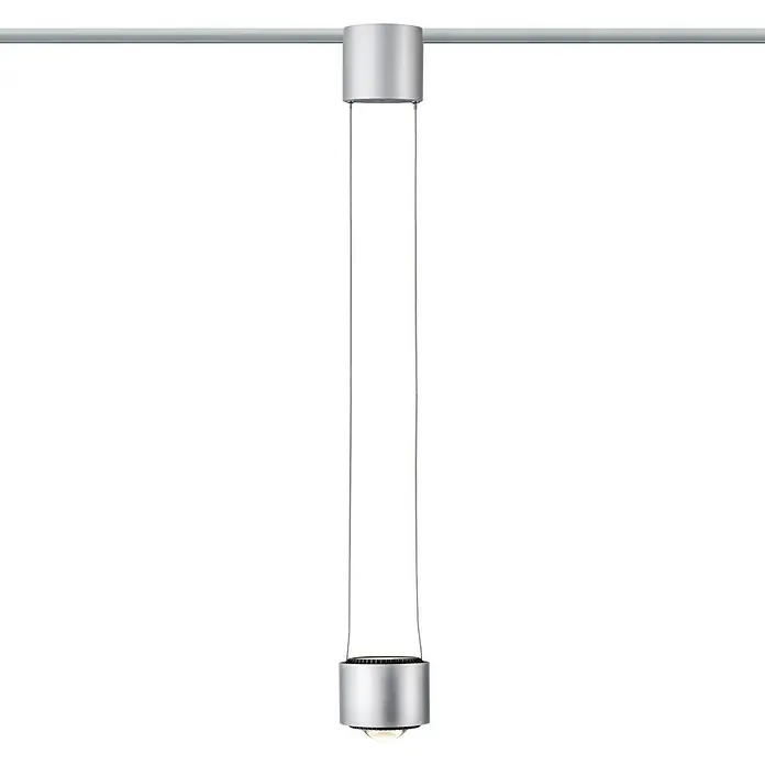 Paulmann URail LED-Pendelleuchte Aldan - 16 W, Chrom matt, Höhe: 8,5 cm, Dimmbar - Eine moderne, silberne Hängeleuchte mit zylindrischem Design, die an einer Metallschiene befestigt ist und ein minimalistisches Ambiente schafft.