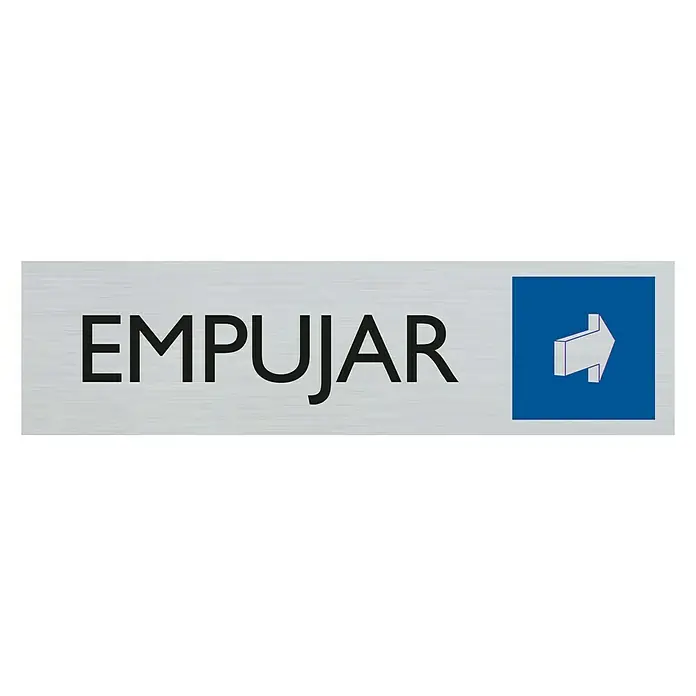 Pickup Rótulo - Plateado, Motivo: Empujar, 16,5 x 4,4 cm - Un letrero que dice "EMPUJAR" con un símbolo de flecha, que indica que se debe empujar, proporcionando una dirección clara.