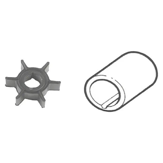 CEF Impeller 500377 - Ø x L: 33,6 x 14,3 mm, Wellendurchmesser: 10,25 mm - Produktabbildung einer Impellerpumpe und einer zugehörigen Buchse. Ideal für Bootsmotoren und industrielle Anwendungen.