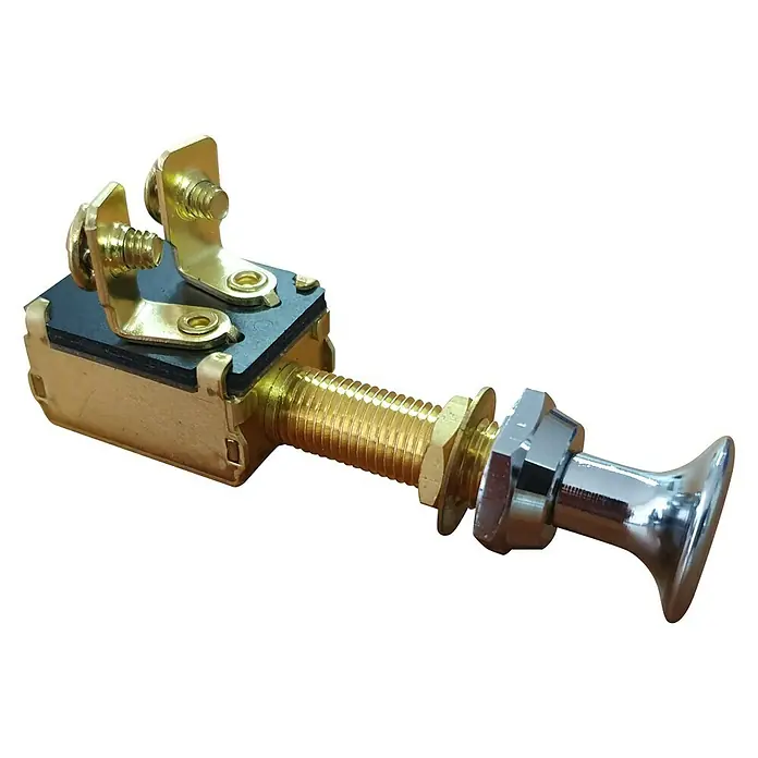 Talamex Einbau-Zugschalter - Polanzahl: 2 Stk., 12 V, 20 A - Nahaufnahme eines Zugschalters mit Messinggehäuse, einem verchromten Knopf und goldenen Schraubklemmen.