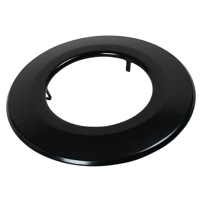 Bertrams Pellet-Wandrosette - Durchmesser: 80 mm, Edelstahl, Pulverbeschichtet, Schwarz Metallic - Nahaufnahme einer schwarzen Herdabdeckplatte, die das Zubehör und das Design hervorhebt.